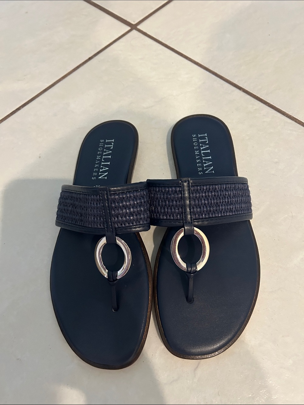 Italian Shoemakers Navy Braided Thong Sandals with Silver Ring